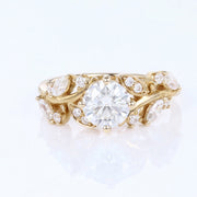 Nature Inspired Round cut Moissanite Leaf Gold Engagement Ring