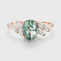 Oval Cut Natural Green Moss Agate Cluster Engagement Ring