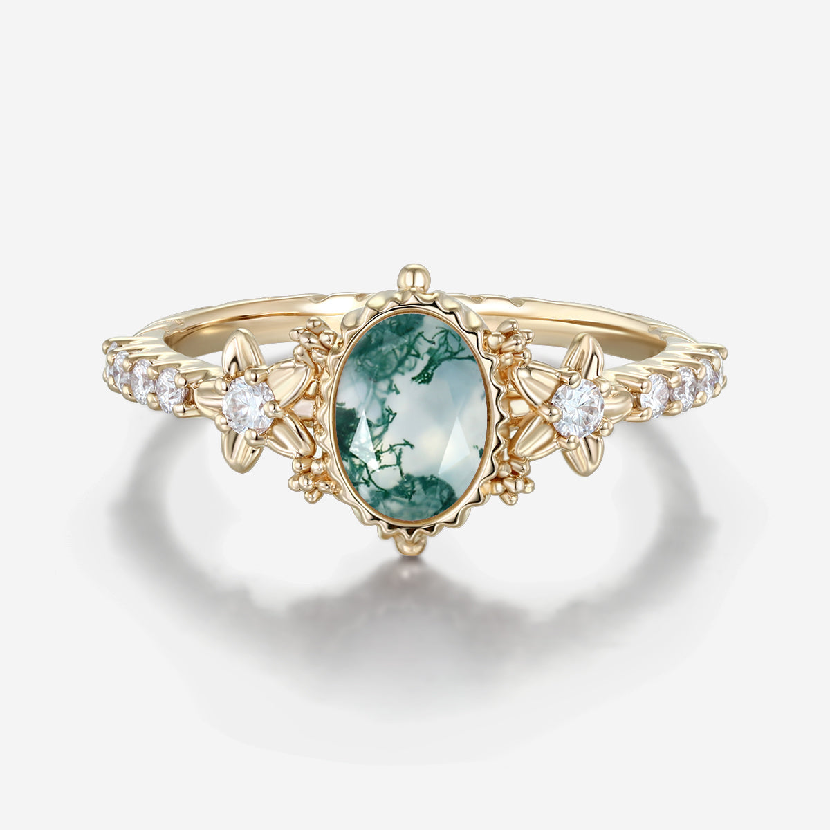 Bezel setting Oval cut Moss Agate Halo Moissanite | Diamonds Gold Engagement Ring