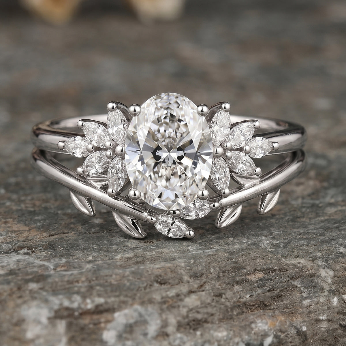 1.0CT~5.0CT Oval cut Lab grown Diamond Cluster Engagement Ring Set