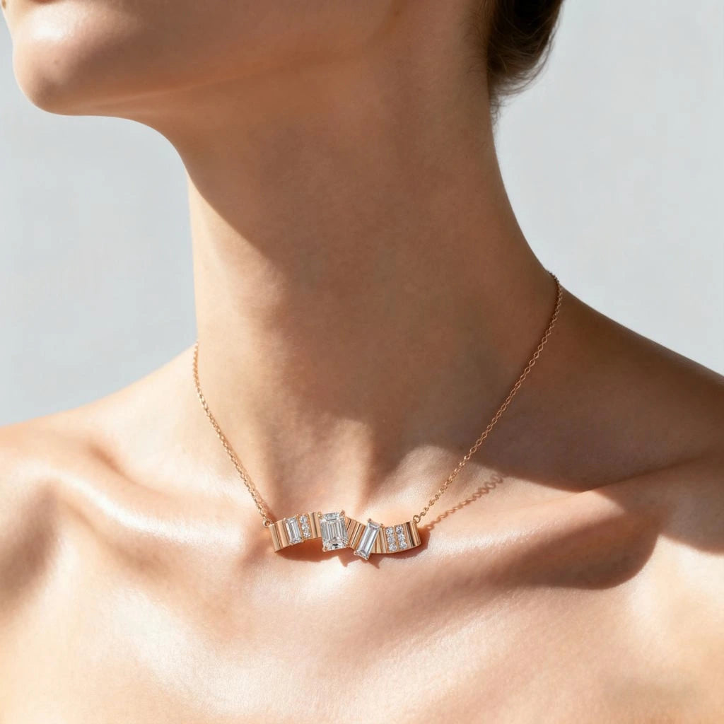 Emerald cut Moissanite Pendant Necklace with Moissanite Pave Accents