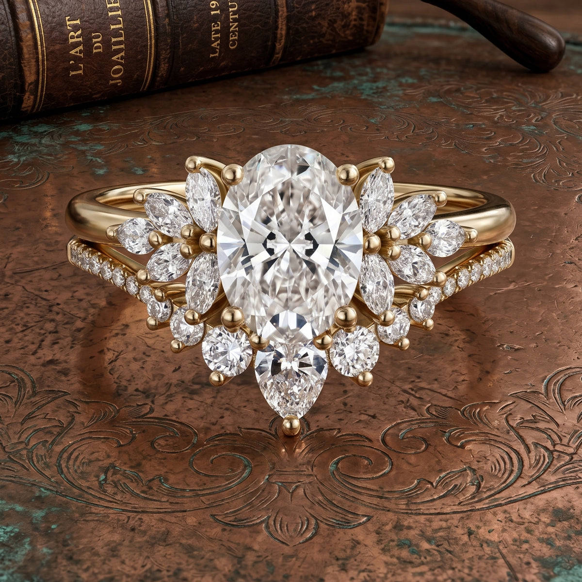 1.0CT~5.0CT Oval cut Lab grown Diamond Cluster Engagement Ring Set