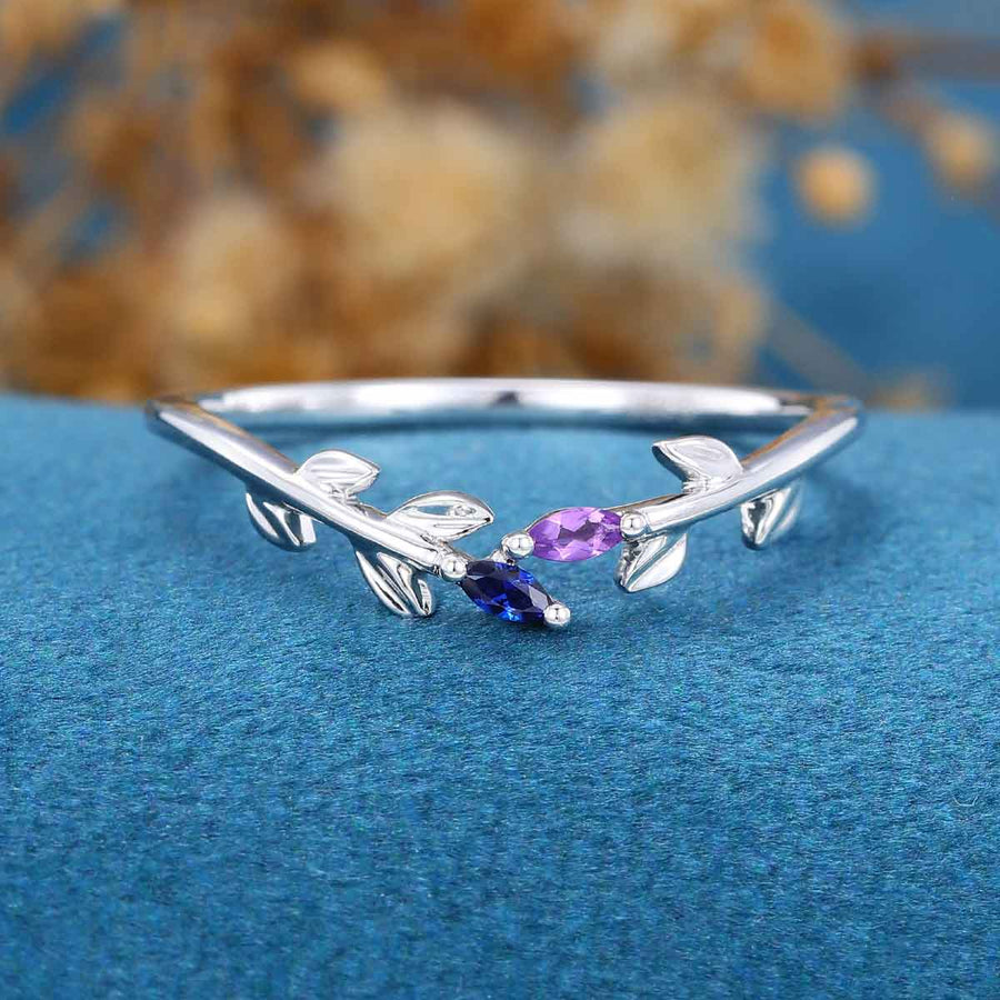 Marquise cut Amethyst | Natural Sapphire leaf Curved Wedding Band