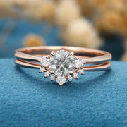 Round cut Gray Moissanite Cluster Engagement ring Bridal Set 