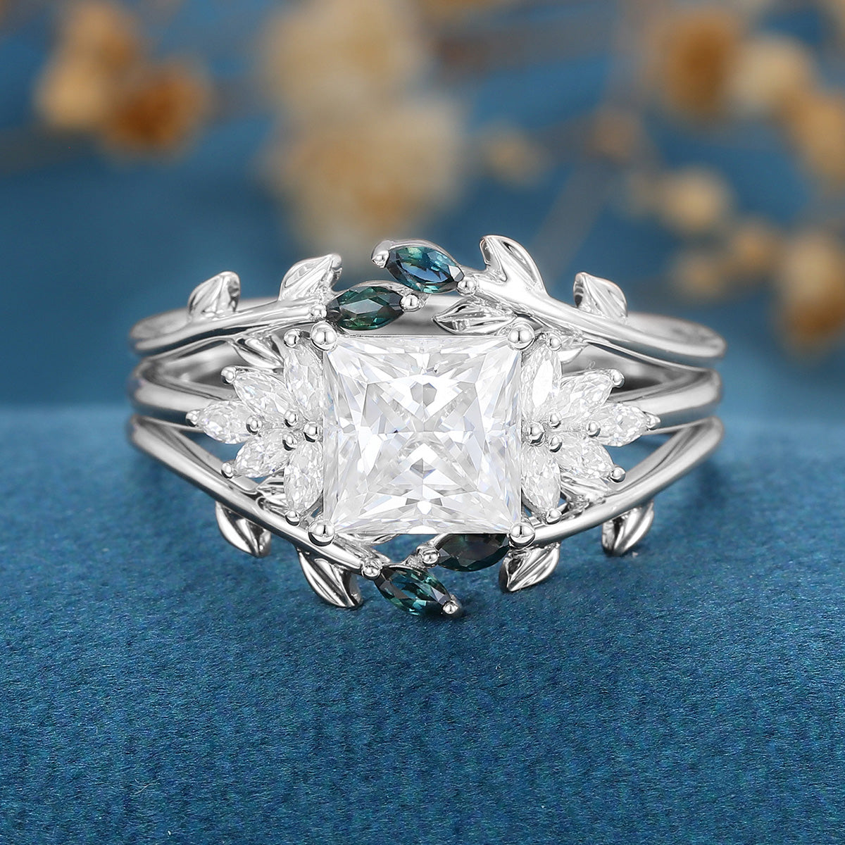 3PCS 2 Carat  Princess cut Moissanite cluster Engagement Ring Bridal Set
