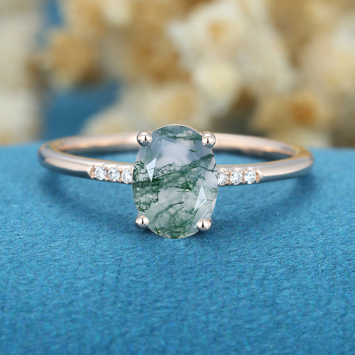 Oval Cut Natural Green Moss Agate Cluster Engagement Ring 