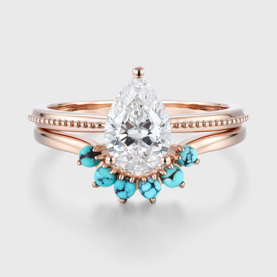 1.0Carat Pear cut Lab Grown Diamond + Turquoise Wedding bridal set