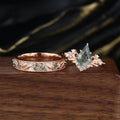 Forever Glow Moss Agate Couple Rings | Rose Gold Leaf Wedding Bridal Set (Copy)