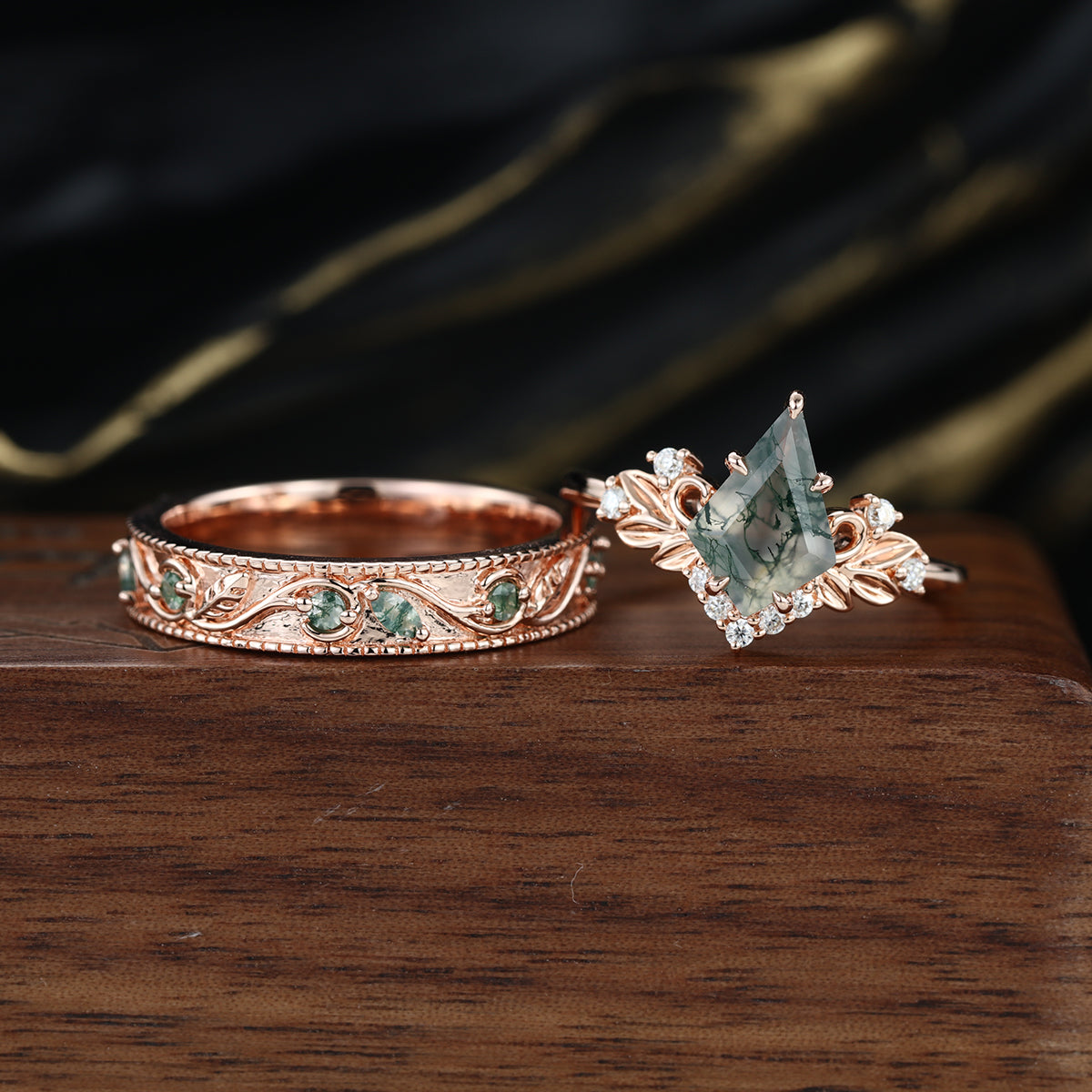 Forever Glow Moss Agate Couple Rings | Rose Gold Leaf Wedding Bridal Set (Copy)