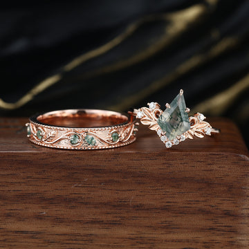 Forever Glow Moss Agate Couple Rings | Rose Gold Leaf Wedding Bridal Set (Copy)
