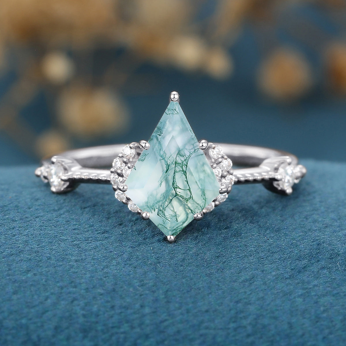 Kite Cut Natural Green Moss Agate Cluster Engagement Ring