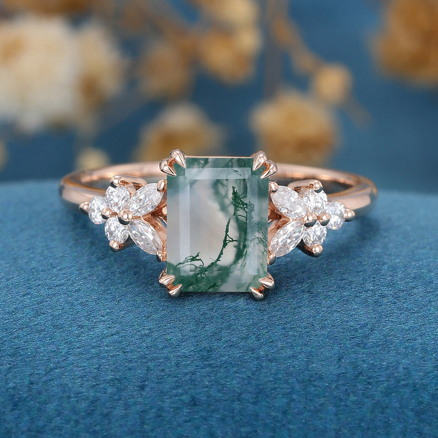 Natural Green Moss Agate Emerald cut cluster Engagement Ring 