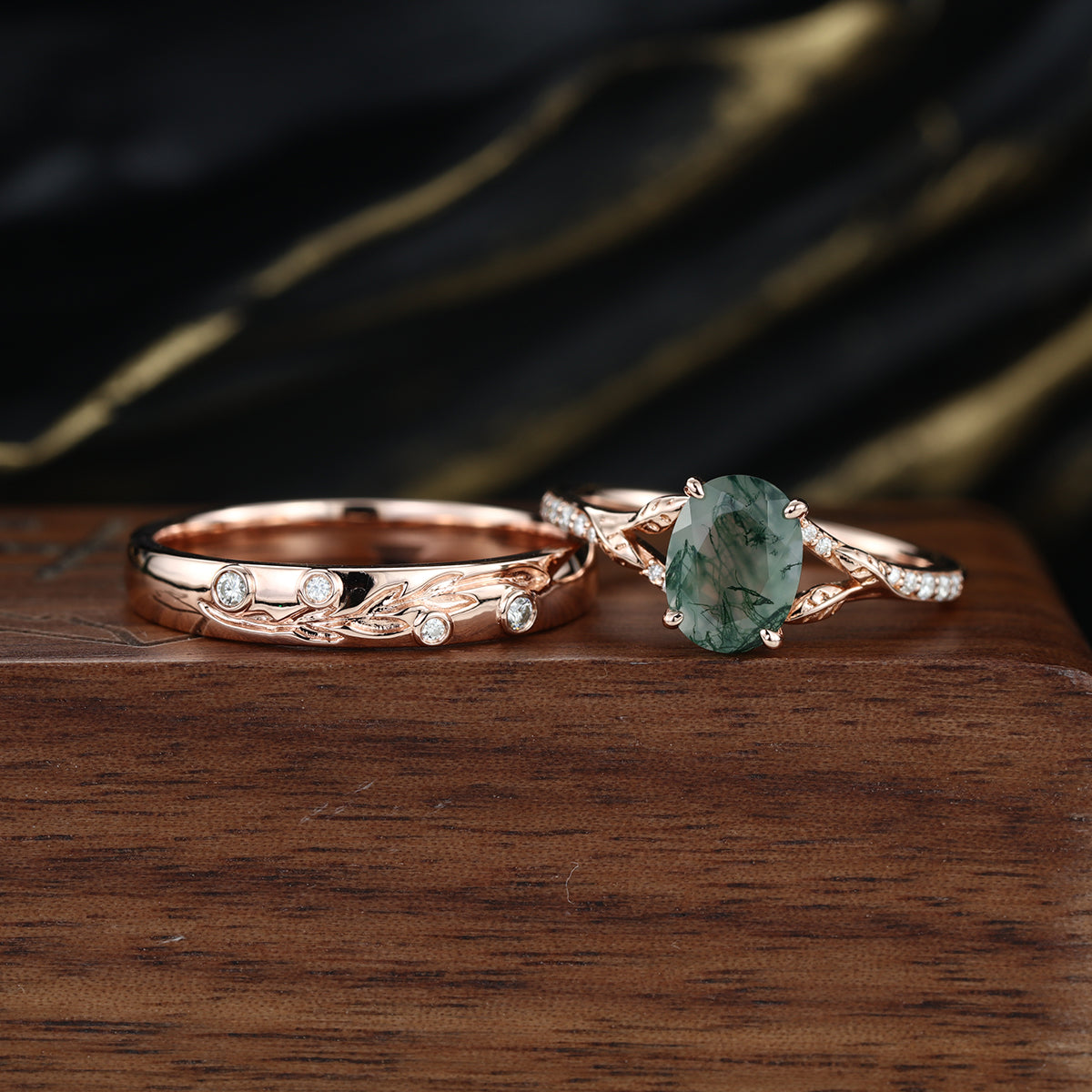 Enchanted Forest Moss Agate Couple Rings | Rose gold | Handcrafted Nature-Inspired Jewelry