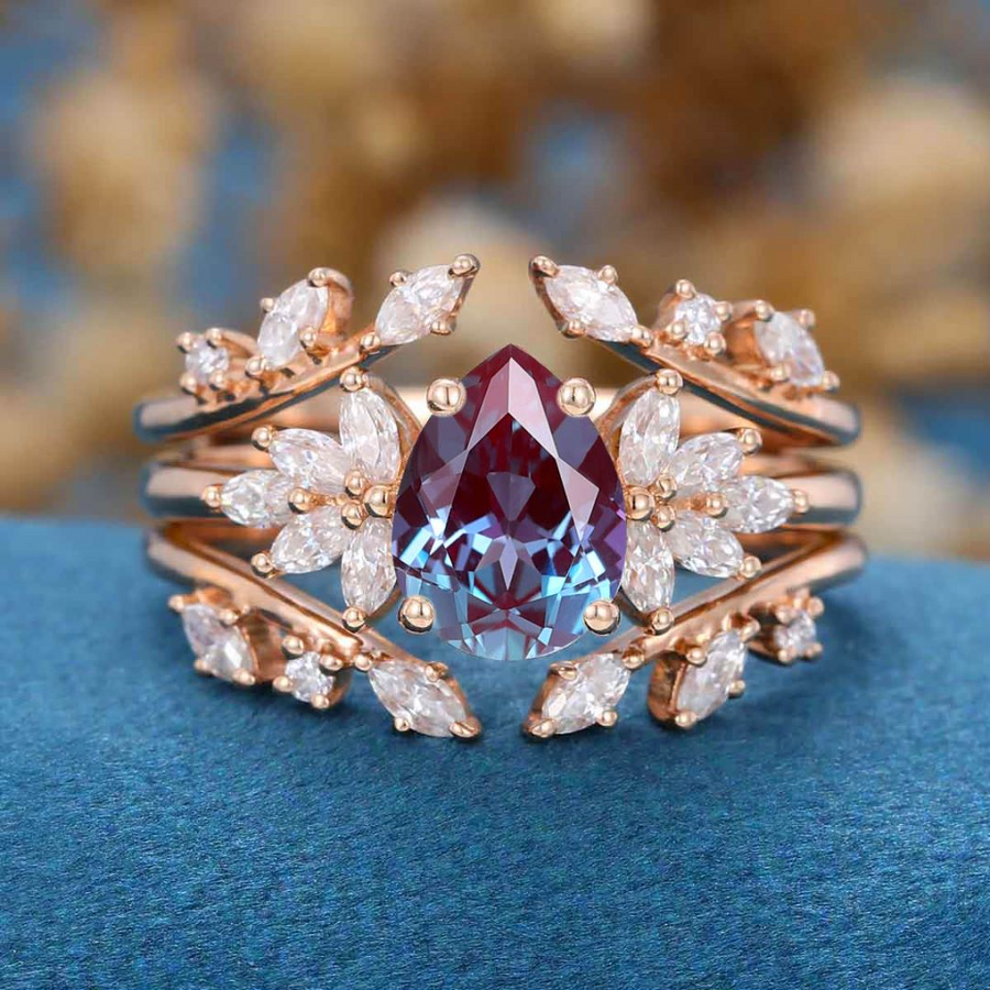 1.2 Carat Pear cut Lab Alexandrite | Diamond Engagement Ring Bridal Set