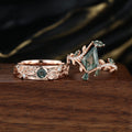 Forever Glow Moss Agate Couple Rings | Rose Gold Leaf Wedding Bridal Set