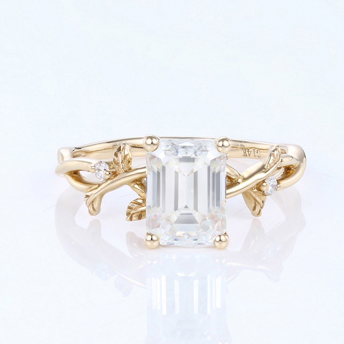 Nature Inspired Emerald cut Moissanite Leaf Gold ring set