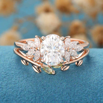 1.5 Carat Oval cut Moissanite Cluster Engagement ring  Olivine wedding Bridal Set