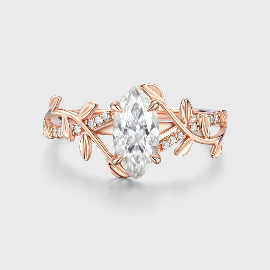 Nature Inspired Marquise cut Moissanite Leaf Gold Engagement Ring