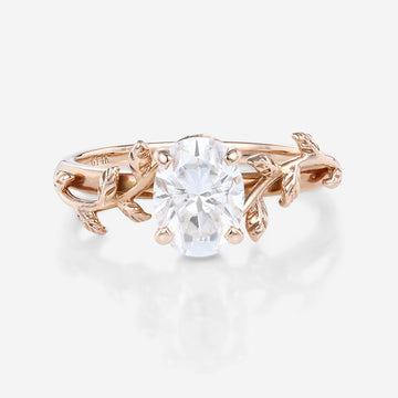 Nature Inspired Oval cut Moissanite Leaf Gold Engagement Ring