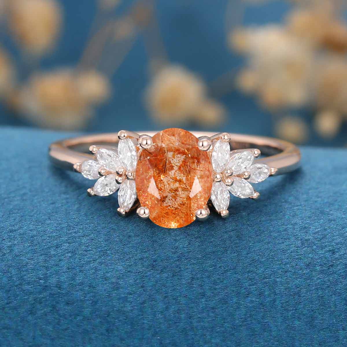 Oval cut Sunstone Cluster Engagement Ring 