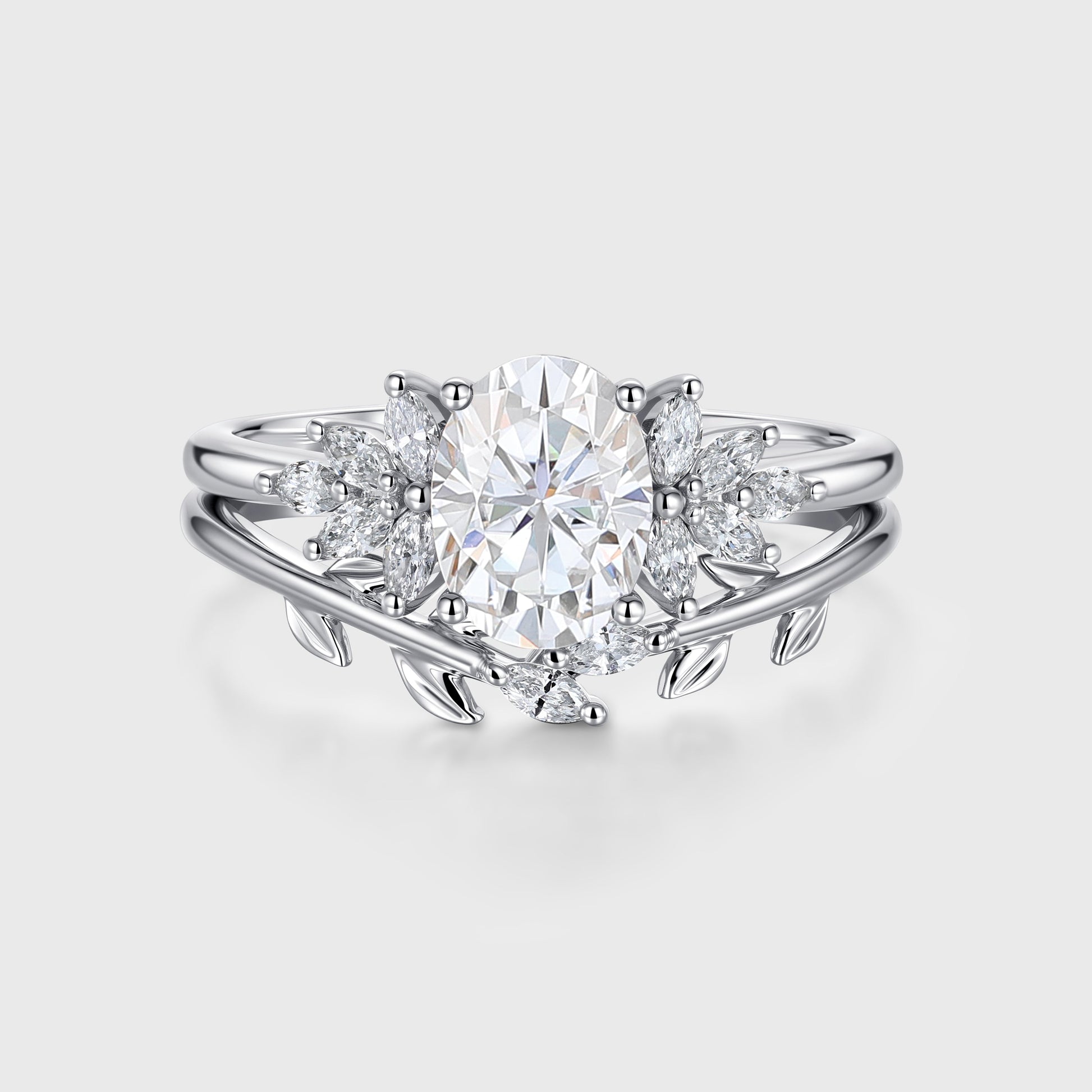 1.5 Carat Vintage Oval cut Moissanite Cluster Engagement ring Bridal Set