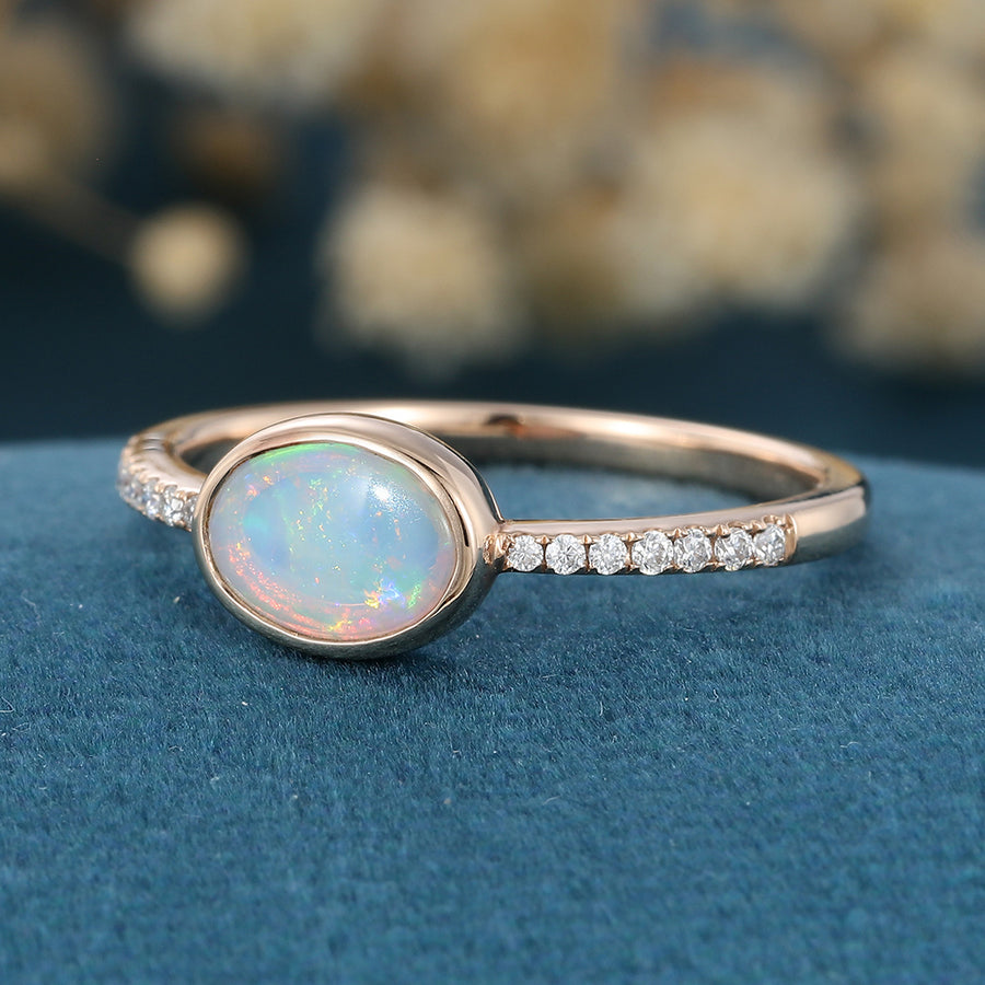 Bezel setting Oval cut Opal Half Eternity Moissanite | Diamonds Gold Engagement Ring