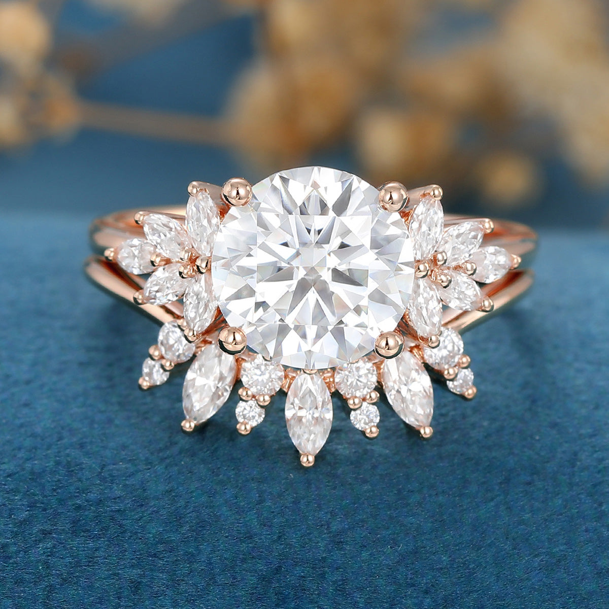 8.5mm Round cut Moissanite Cluster Engagement ring Bridal Set