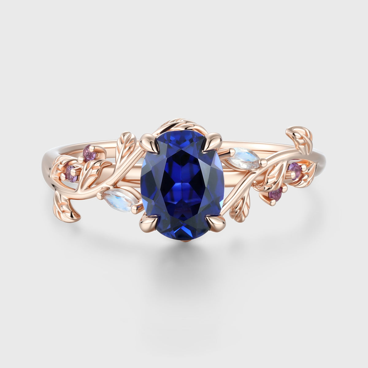 Oval Cut Lab Sapphire Leaf Engagement ring
