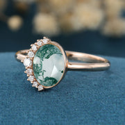 Bezel setting Oval cut Moss Agate Halo Moissanite | Diamonds Gold Engagement Ring