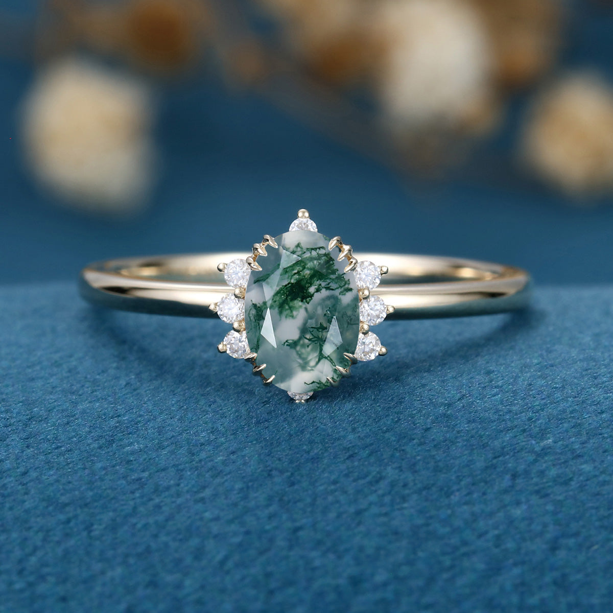 Natural Green Moss Agate Oval cut cluster Engagement Ring 