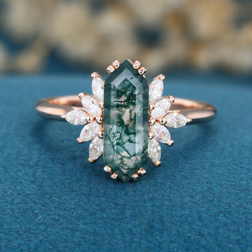 Long Hexagon cut Moss Agate Solid Gold Engagement Ring