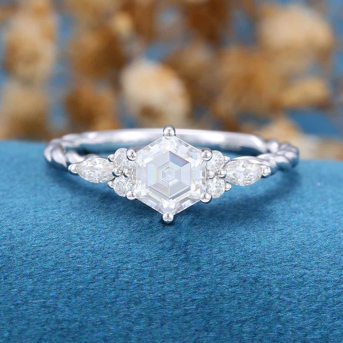 Hexagon cut Moissanite Twisted Shank Engagement ring