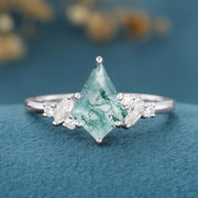 Kite Cut Natural Green Moss Agate Cluster Engagement Ring