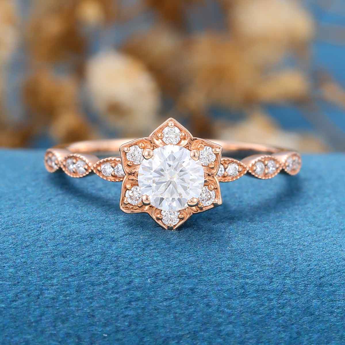 Round cut Moissanite Rose gold Flower Engagement Ring