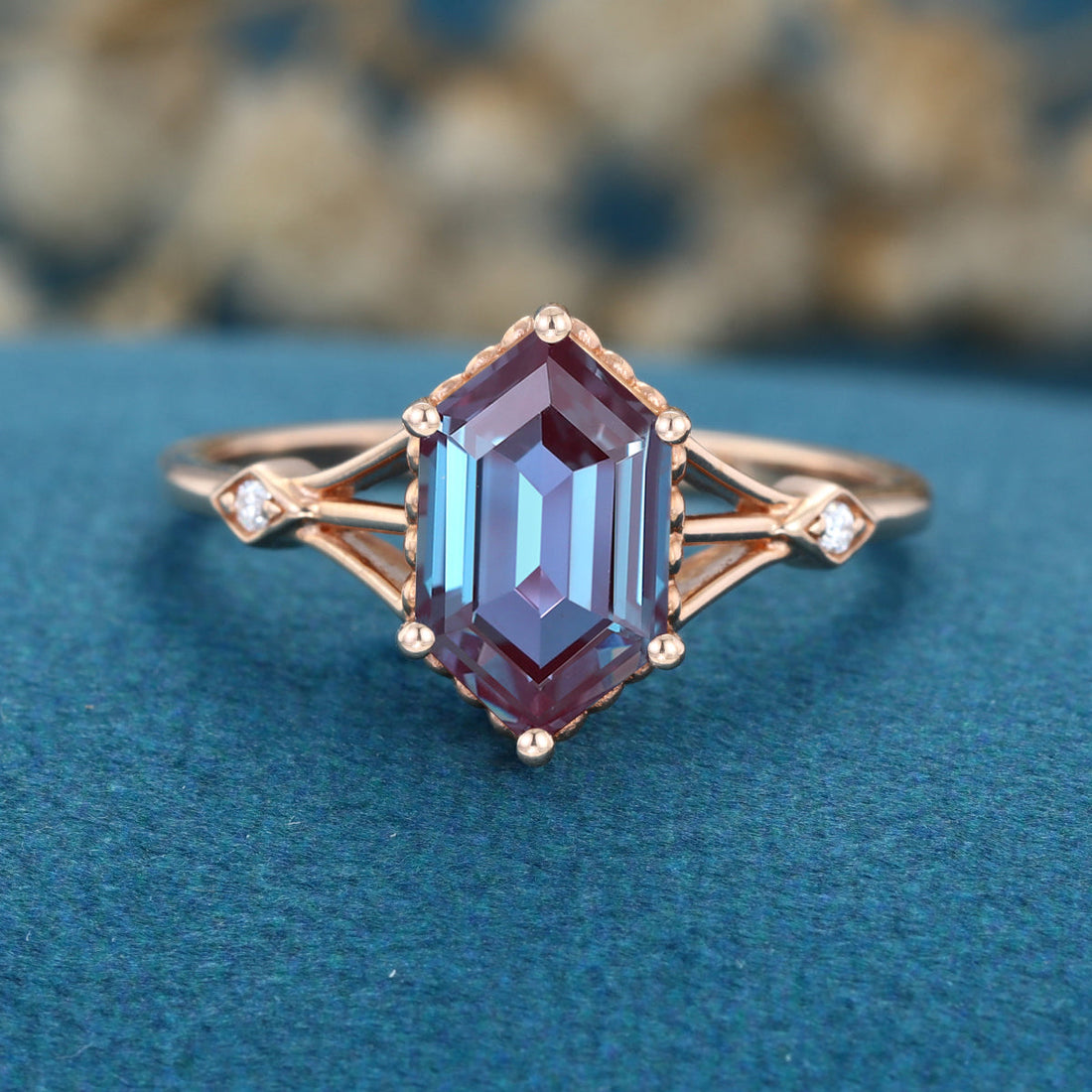 Hexagon cut Lab Alexandrite Solid Gold Engagement Ring