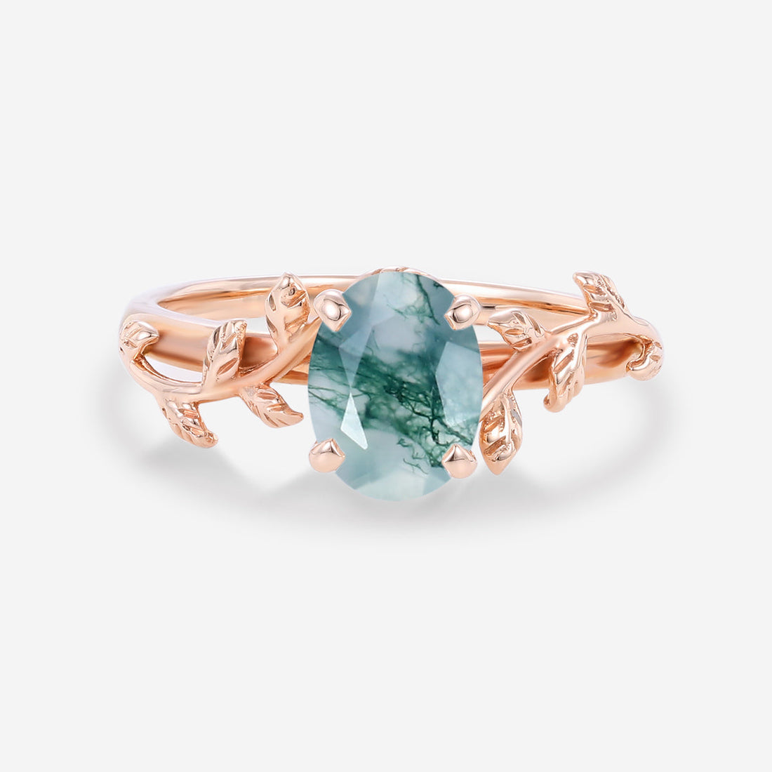 Oval Cut Natural Green Moss Agate Cluster Engagement Ring