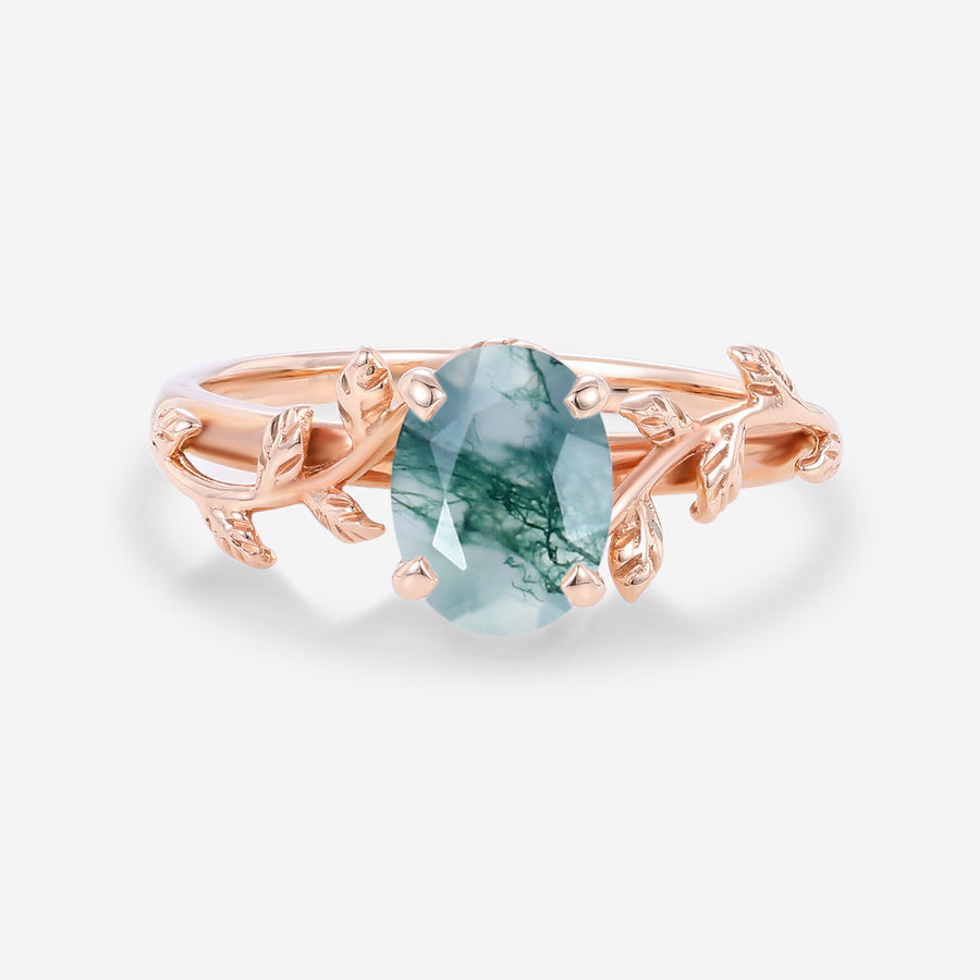 Oval Cut Natural Green Moss Agate Cluster Engagement Ring