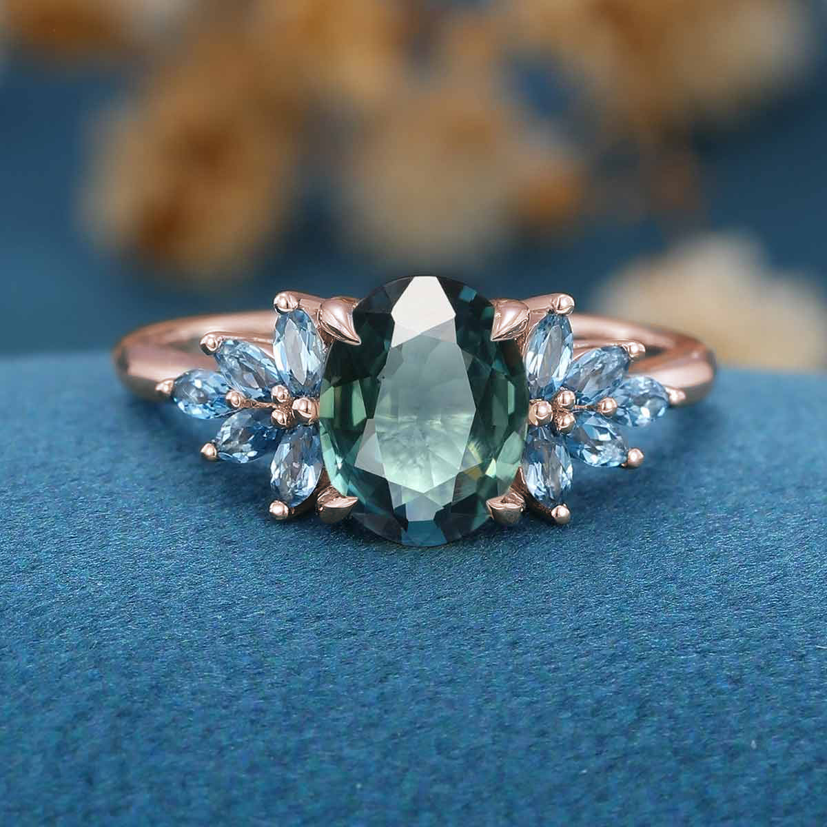 1.5Carat Oval Blue Green Sapphire Cluster Engagement Ring