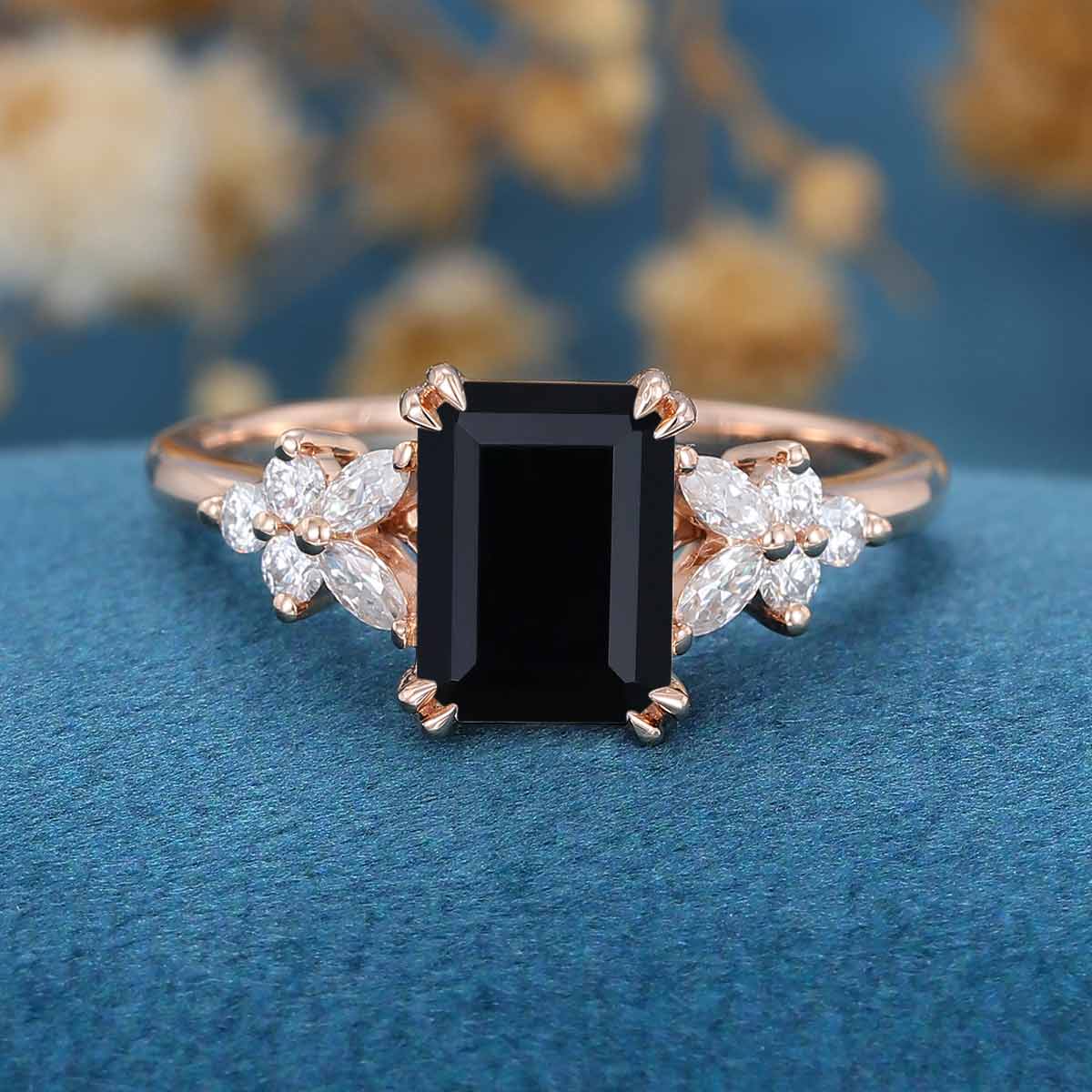 Emerald cut Black Onyx Cluster Engagement Ring