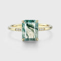 Emerald cut Moss Agate Side Stone Engagement Ring