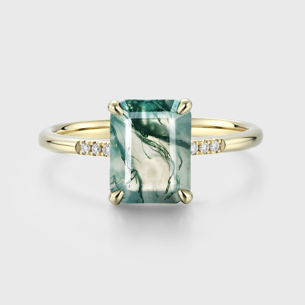 Emerald cut Moss Agate Side Stone Engagement Ring