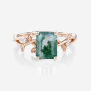 Nature Inspired Emerald cut Moss Agate Leaf Gold Engagement Ring