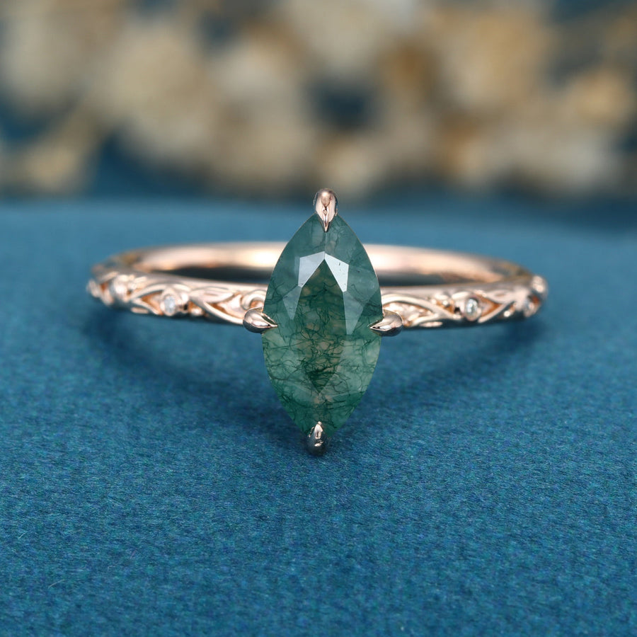 Solitaires Marquise cut Moss Agate Solid Gold Engagement Ring