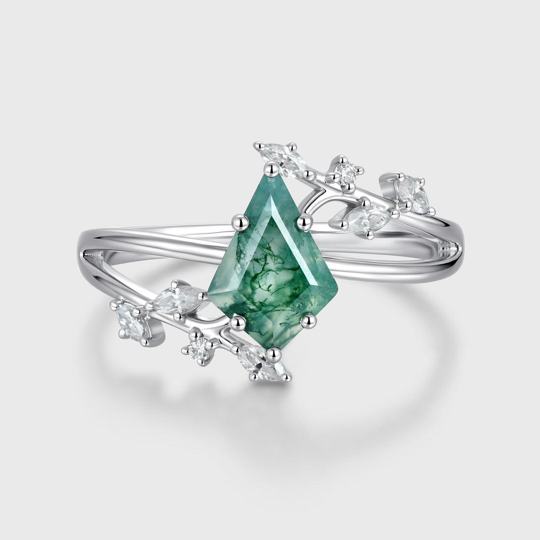Kite Cut Natural Green Moss Agate Cluster Engagement Ring