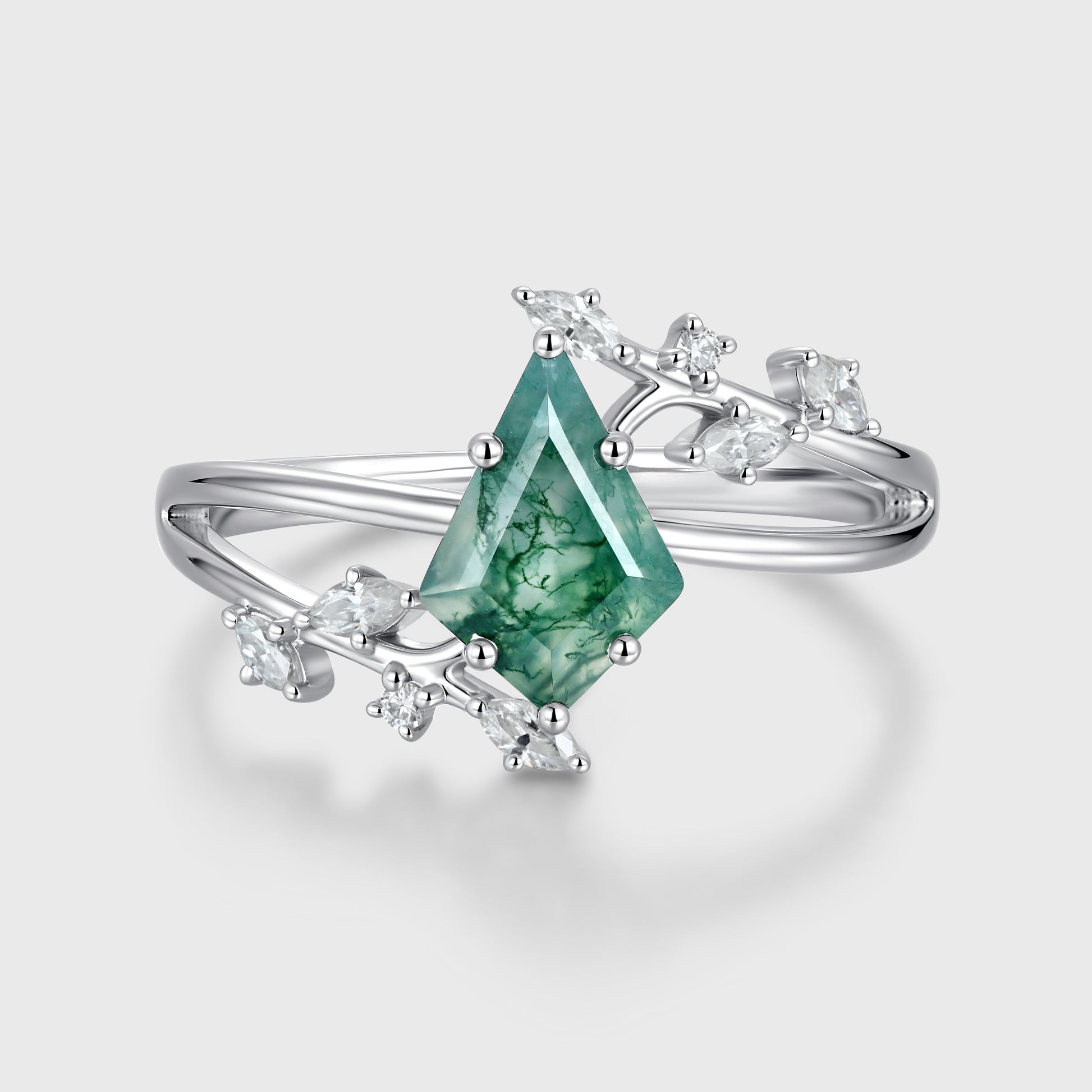 Kite Cut Natural Green Moss Agate Cluster Engagement Ring