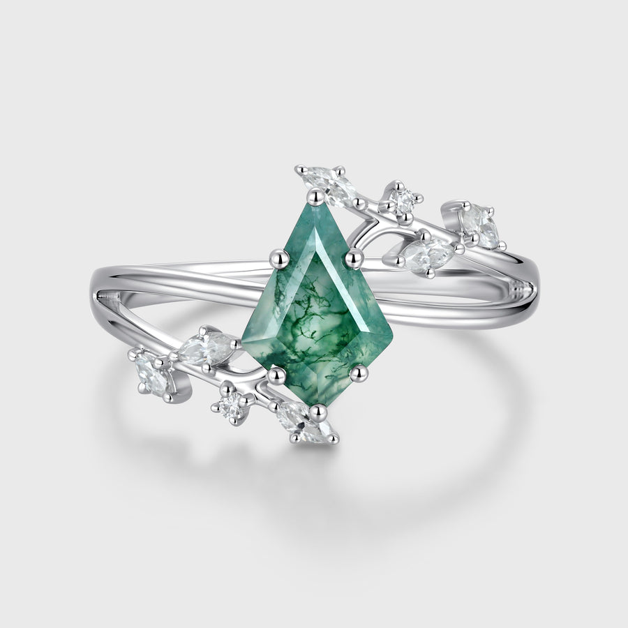Kite Cut Natural Green Moss Agate Cluster Engagement Ring