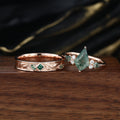 Forever Glow Moss Agate Couple Rings | Rose Gold Leaf Wedding Bridal Set