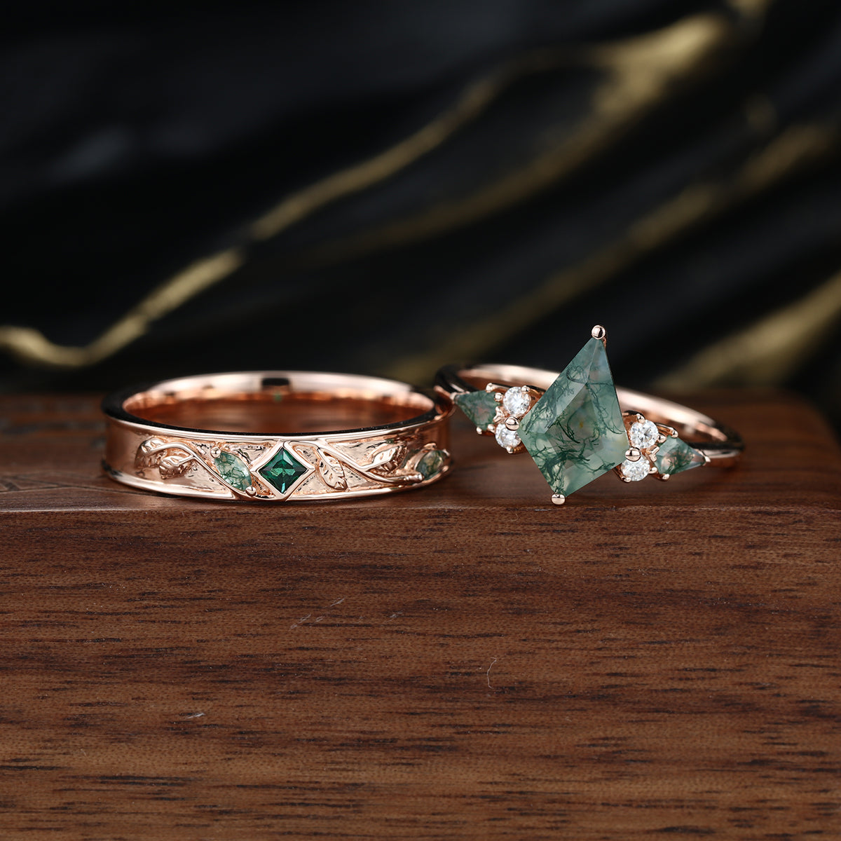 Forever Glow Moss Agate Couple Rings | Rose Gold Leaf Wedding Bridal Set