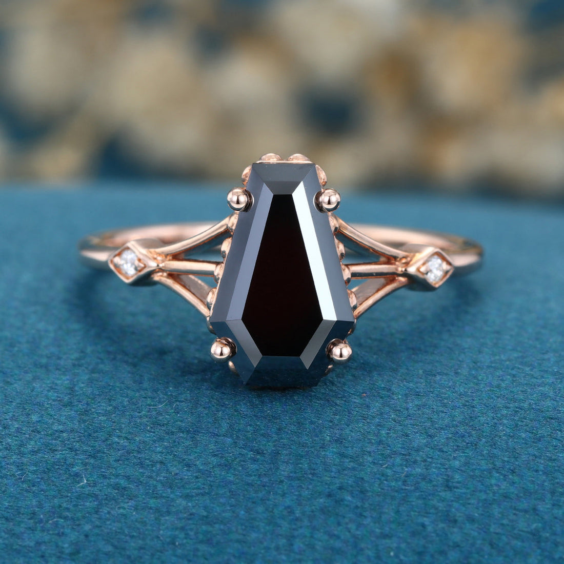 Coffin cut Black Onyx Solid Gold Engagement Ring