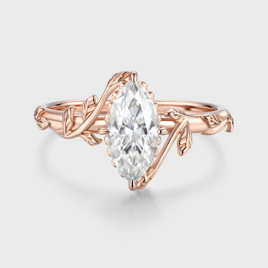 Nature Inspired Marquise cut Moissanite Leaf Gold Engagement Ring
